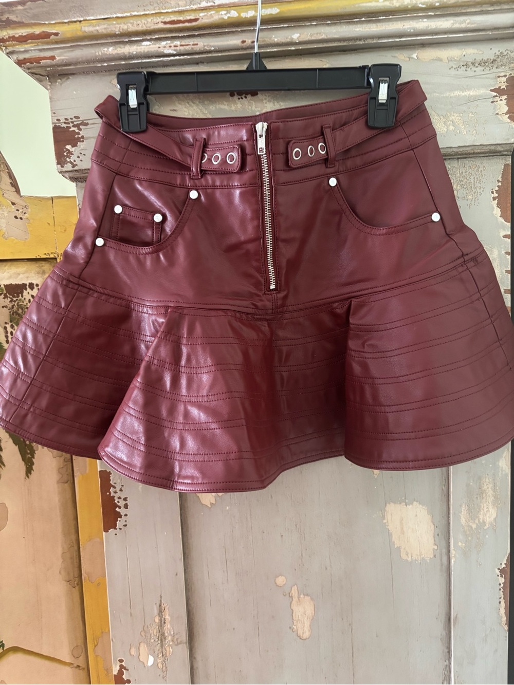 Pilcro Burgundy Faux Leather Flared Mini Skirt - Picture 4 of 11